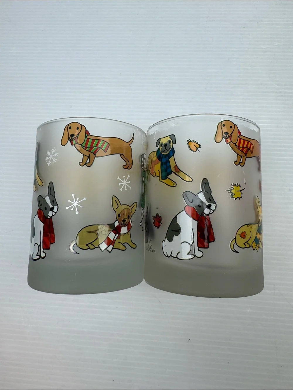 Culver Ltd Frosted Glasses Dogs In Scarves Set Of 2 Rocks Tumblers Flawed As Is